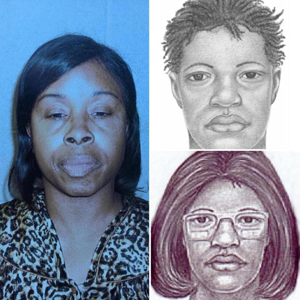  Gloria Williams' mugshot and police sketches of the abductor from 18 years ago