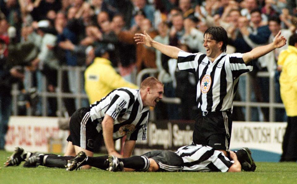  Philippe Albert celebrates after sensational chip made it 5-0 to Newcastle