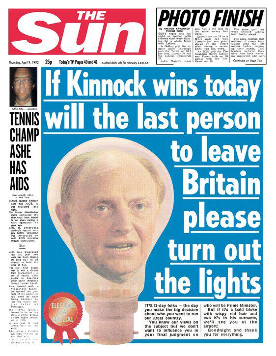  The page was based on our famous Neil Kinnock front page in 1992, warning against a Labour election win