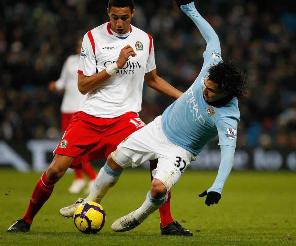  Steven N'Zonzi in action for Blackburn against Carlos Tevez for Manchester City