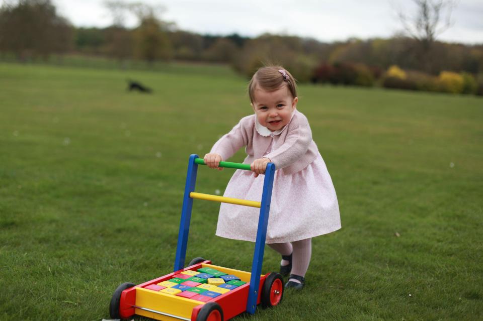  The royal tot also looks adorable as she pushes her trolley in the garden