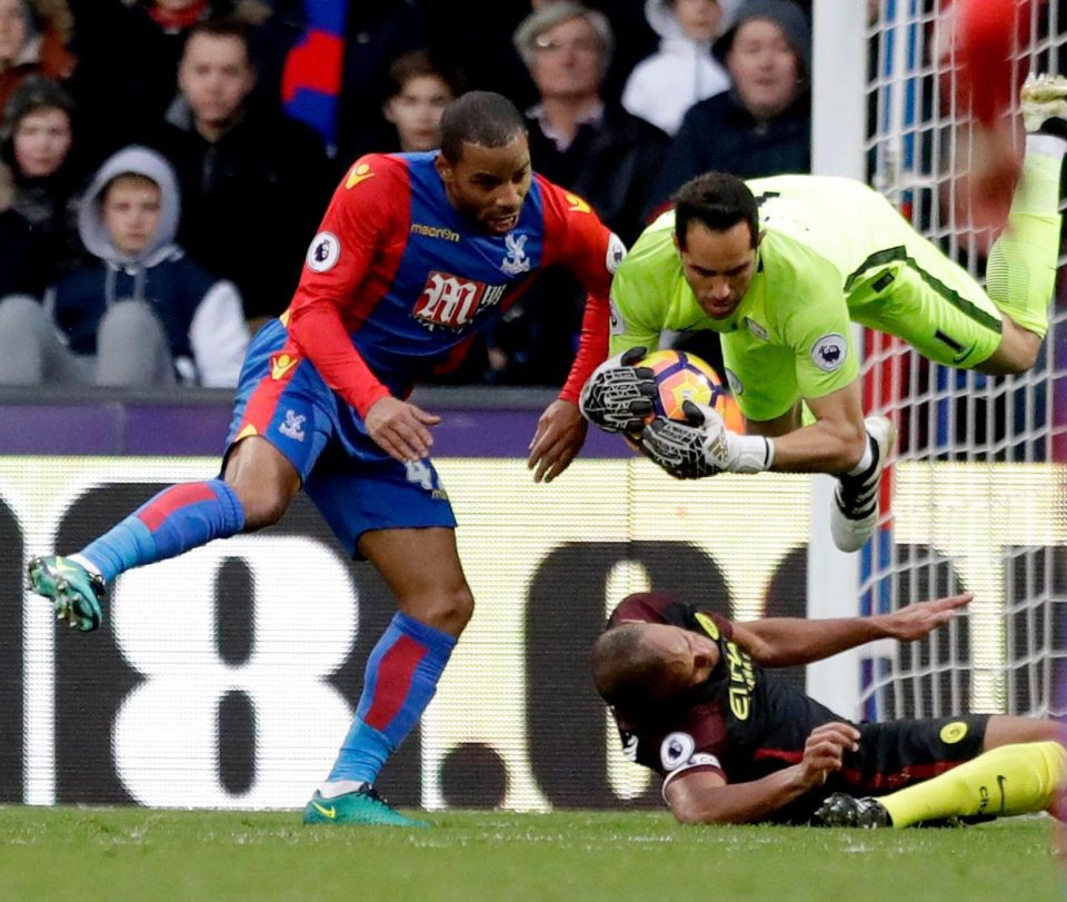  This was the moment Kompany was hurt when his own keeper Bravo dashed to collect the ball against Palace at Selhurst Park in the Premier League in November