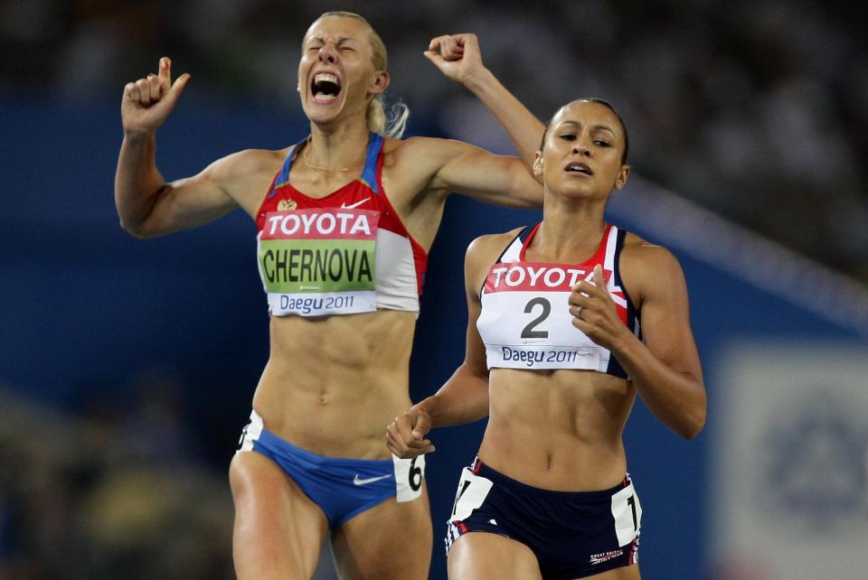 Jess crosses the line behind Russian Tatyana Chernova who was doping the whole time