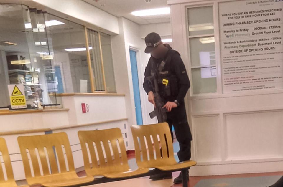  Armed police were pictured at Huddersfield Royal Infirmary's A&E after the shooting