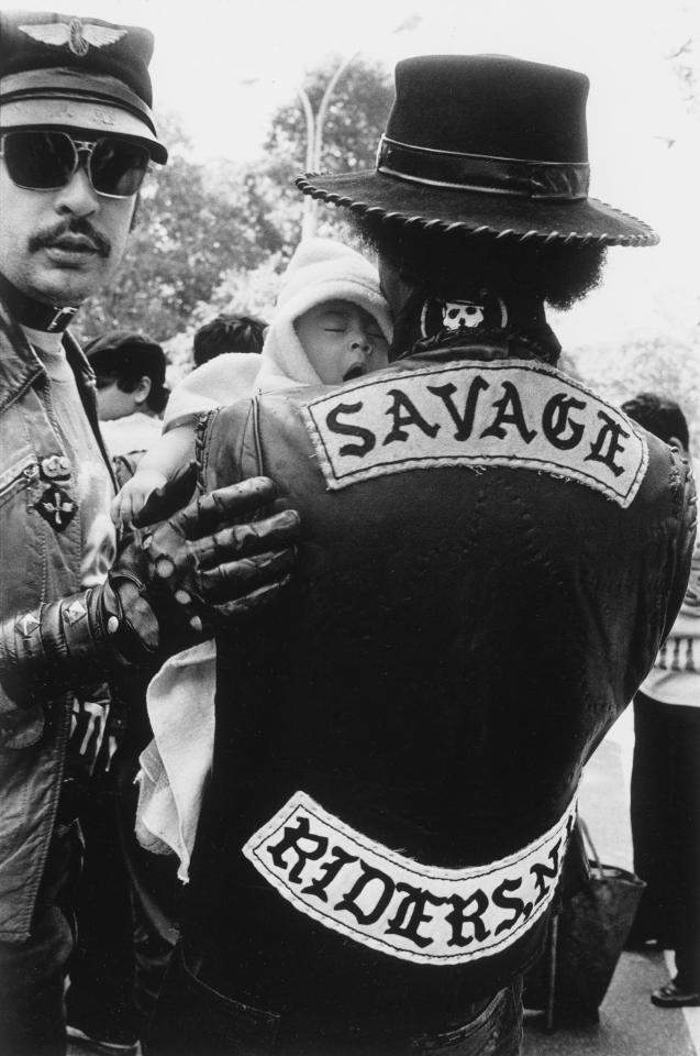  Member of the Savage Riders motorcycle club at the Puerto Rican Day Parade, 1980