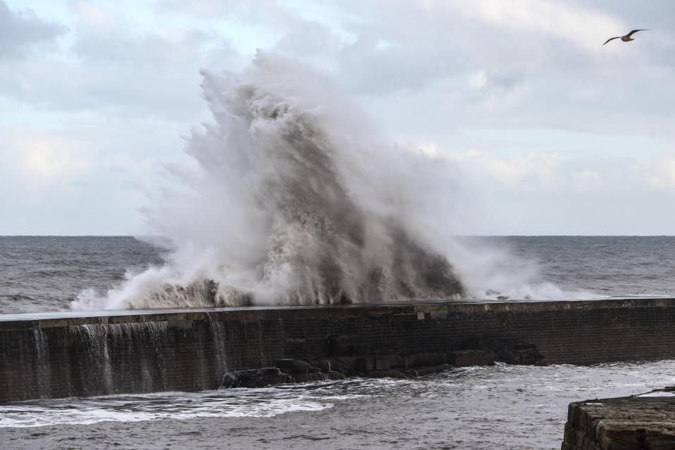  The monstrous waves crashed against the harbour walls in the north of England as the weather will become wetter