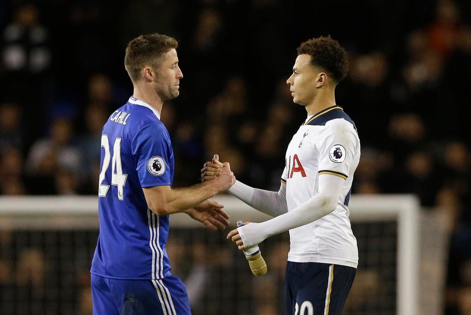  Gary Cahill and Dele Alli shake hands after Tottenham blew the Premier League title race wide open