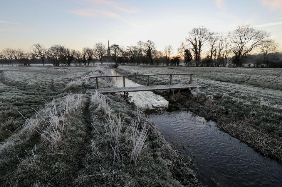  Below freezing temperatures caused a chilly start to the morning with a ground frost in Harnam Water Meadows in Wiltshire