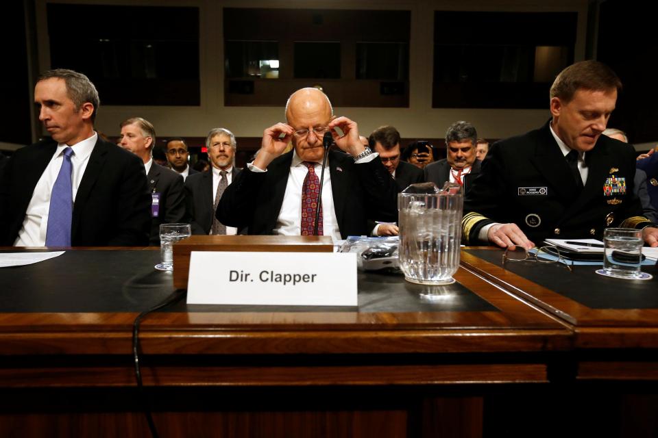  U.S. Defence Undersecretary for Intelligence Marcel Lettre (left-right), Director of National Intelligence James Clapper and National Security Agency Director U.S. Navy Admiral Michael Rogers testified before a Senate Armed Services Committee hearing on foreign cyber threats on Thursday