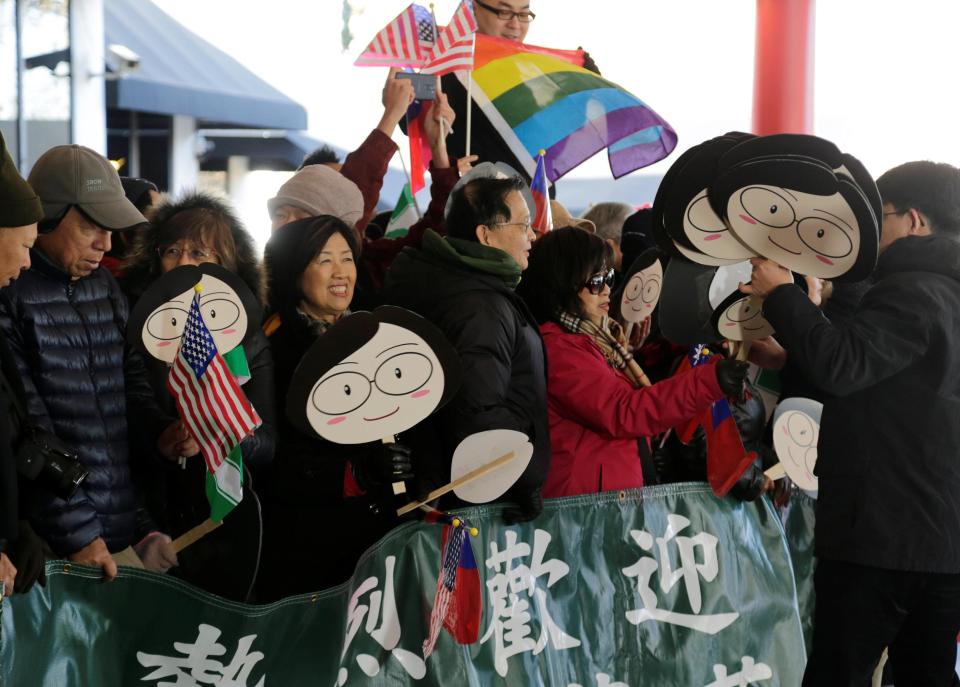  Supporters wait to welcome Taiwan President Tsai Ing-wen on her arrival at a hotel during a stop-over on her way to visit Central America, in Houston