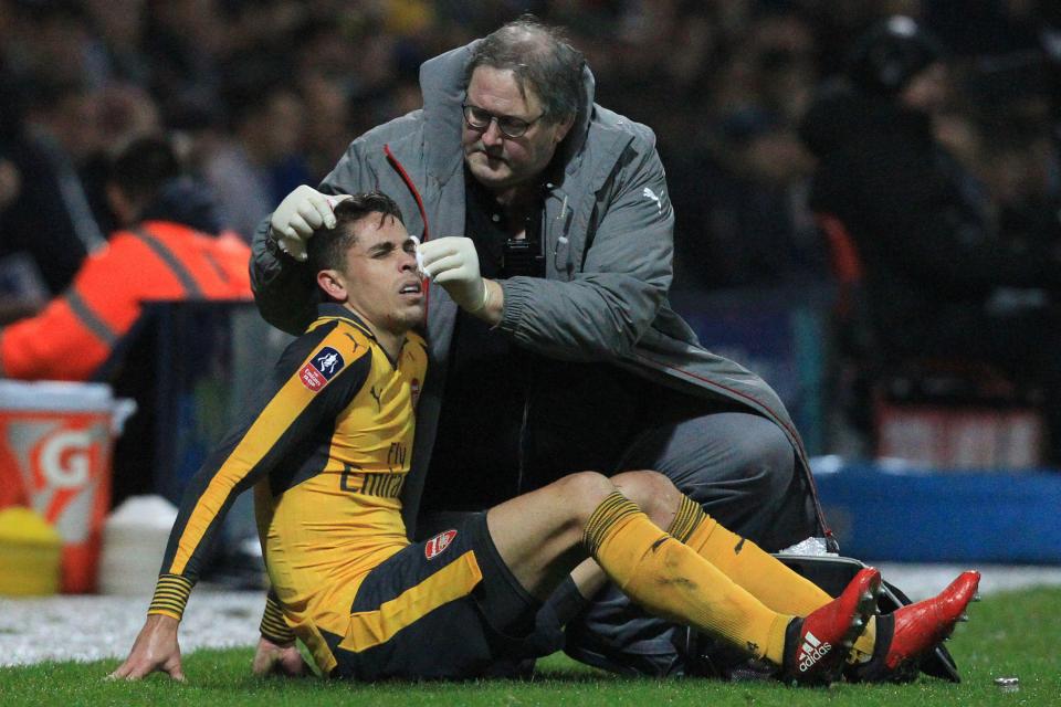  Gabriel receives some treatment after receiving an accidental elbow from Jordan Hugill