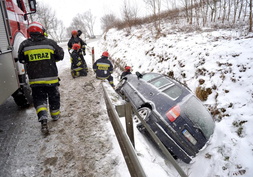  Two adults and four children were taken to hospital after their car slid into a ditch in Babice, Poland, on Thursday where temperatures plummeted to -20C this week