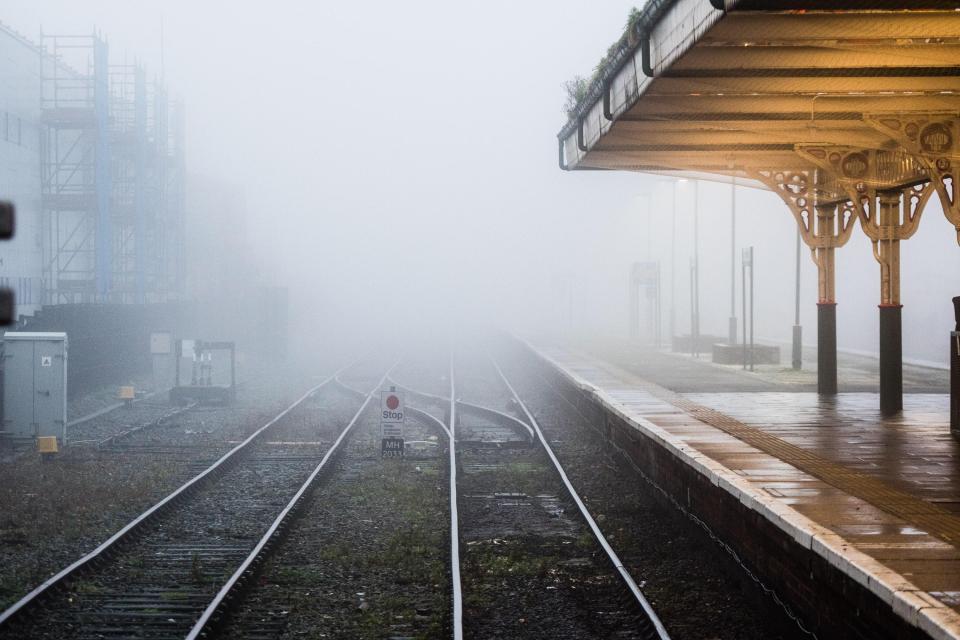  Sea fog surrounding the railway station in Aberystwyth, Wales, this morning