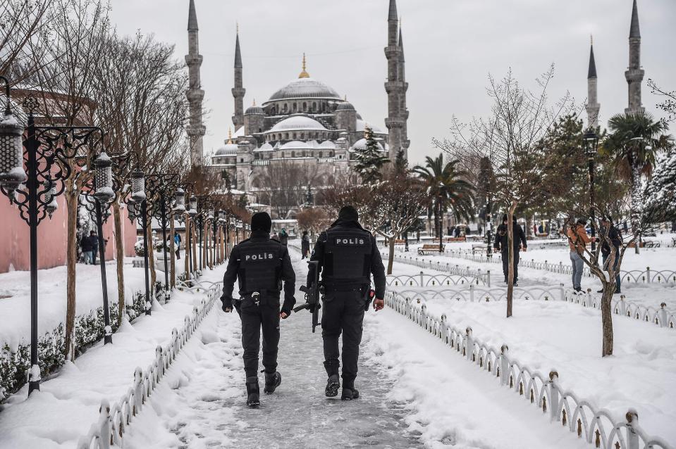  Armed police patrolling snow-covered Istanbul, Turkey