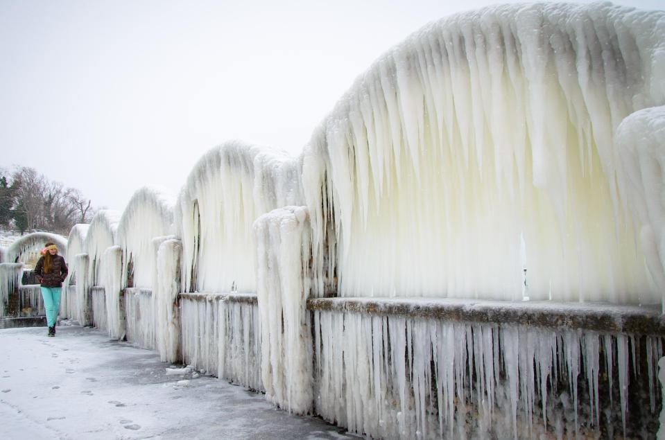  A frozen bridge near the Black Sea town of Varna in Bulgaria where heavy snowfall caused traffic chaos and power failures