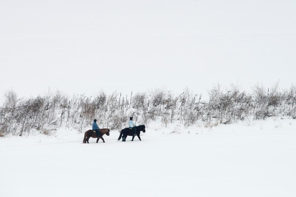  Riders trek near through the snow near the Bavarian town of Falkenstein, Germany