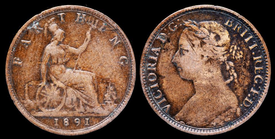  This is a farthing, a 1/4 penny, from the time of Queen Victoria in 1891