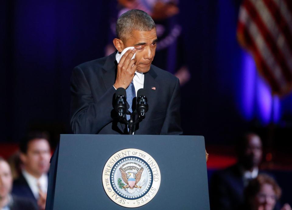  Barack Obama broke down in tears as he urged Americans to fight against racism and threats to democracy in his emotional farewell speech as president