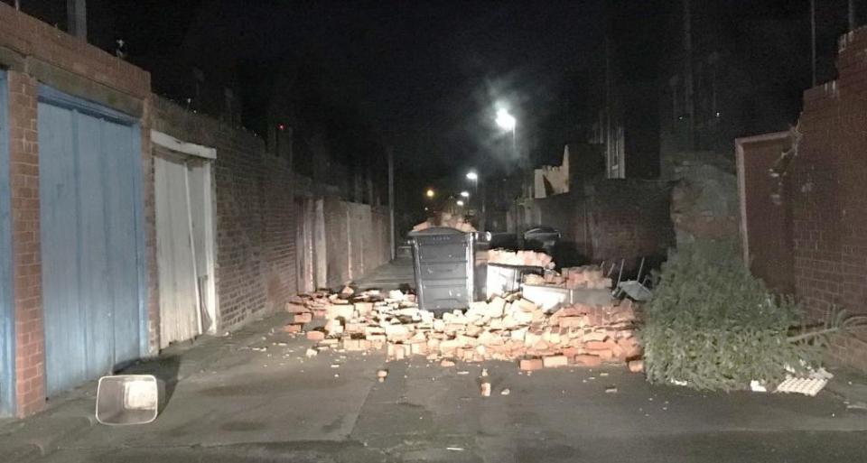  A wall collapsed in the west of Newcastle last night caused by overnight high winds and forecasters are warning of tricky driving conditions