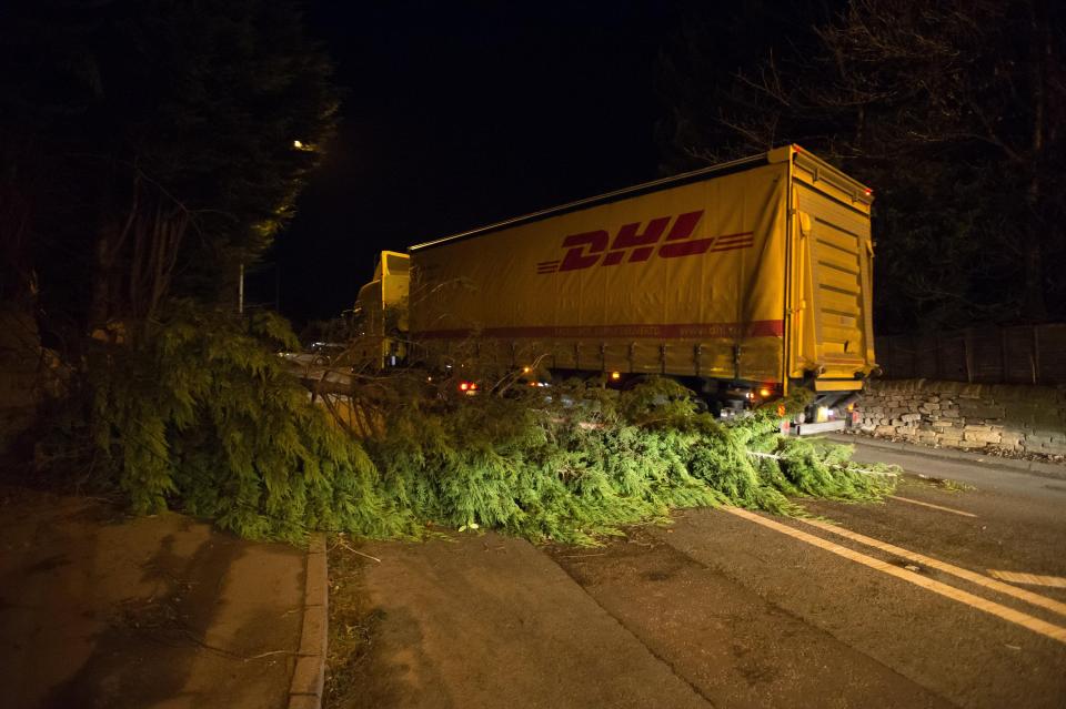  A fallen tree in Bradford blocked the A658 route to Leeds Airport with strong winds causing damage across the country overnight