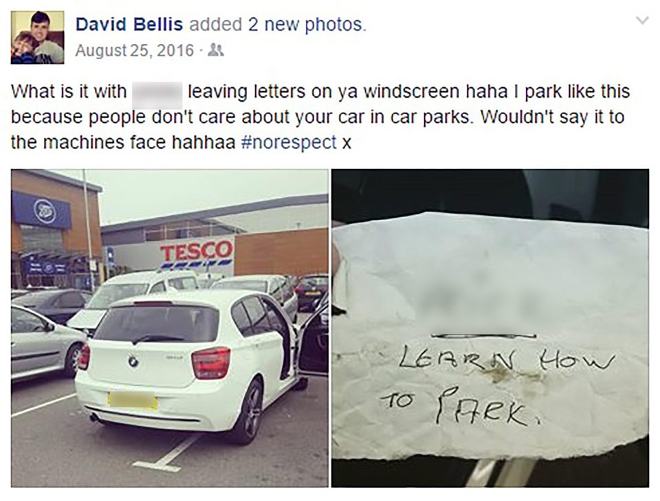 David Bellis also leaves his BMW in the same manner in car parks but complained that people leave notes on your windscreen for doing so