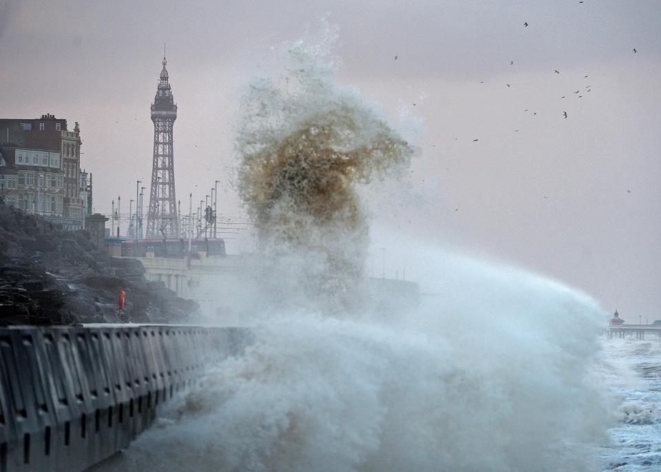  Large waves batter Blackpool this morning as high winds hit the coastal town during a spell of intense stormy weather