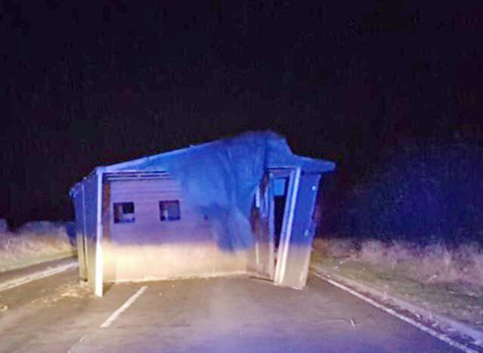  A shed blown into the middle of the road in Gateshead by overnight high winds