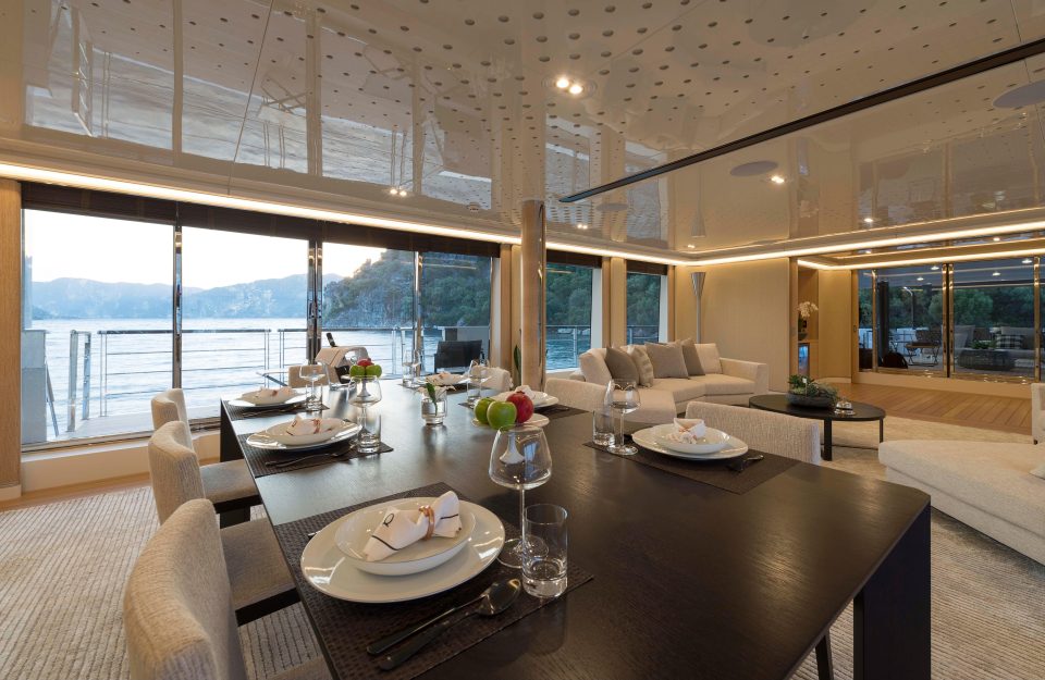  The Aquarius vessel, pictured is the living space, can travel at 16.5 knots and there is also a spa, gym and a beachclub