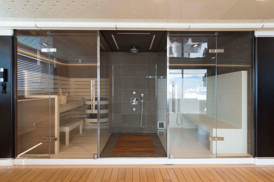  The £16million boat - built specifically for a British owner - comes complete with its own sauna, pictured, and has bespoke decking throughout