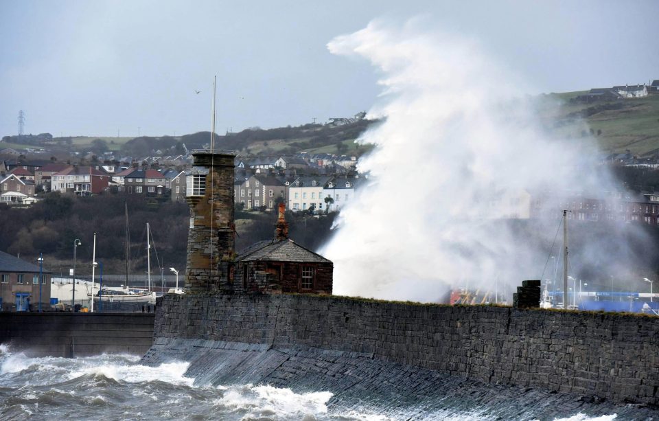  Waves pound the harbour wall of Whitehaven on the Cumbrian coast this morning