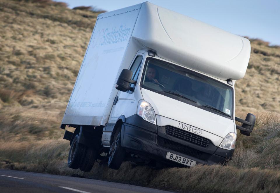  A small lorry is blow off the road near Leek in the Staffordshire Peak District