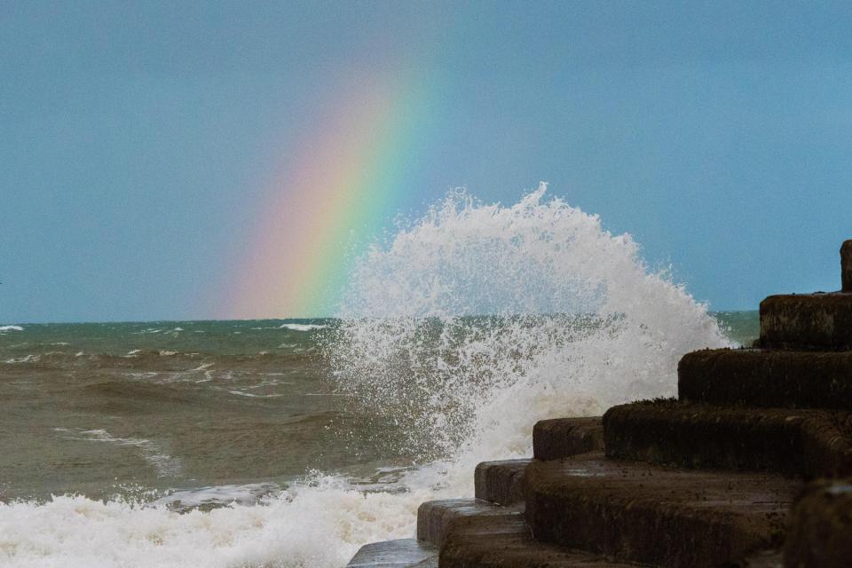  Aberystwyth in Wales sees a rainbow as the weather begins to change