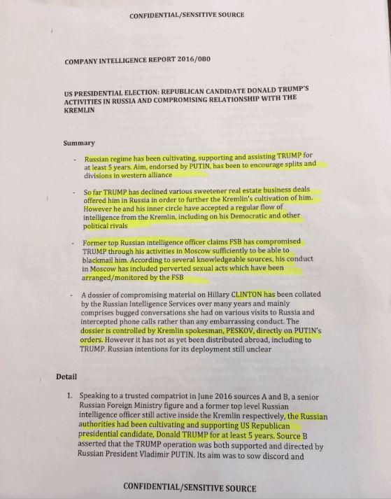  The first page of the leaked dossier which contains unverified claims about Russian intelligence gathering on Donald Trump