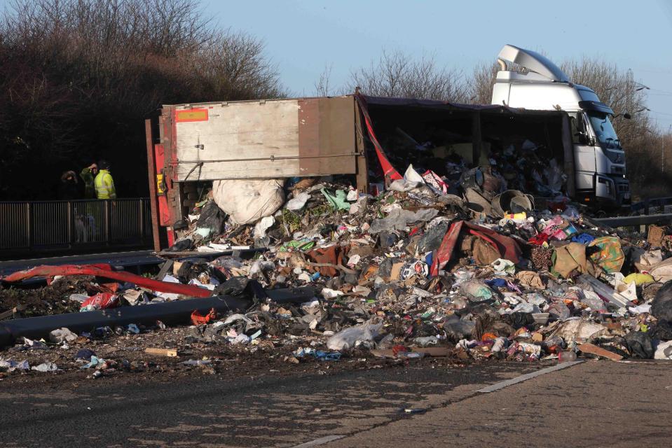  A rubbish lorry - thought to have tipped over due to high winds - shed its load on the A189 in North Seaton, Northumberland