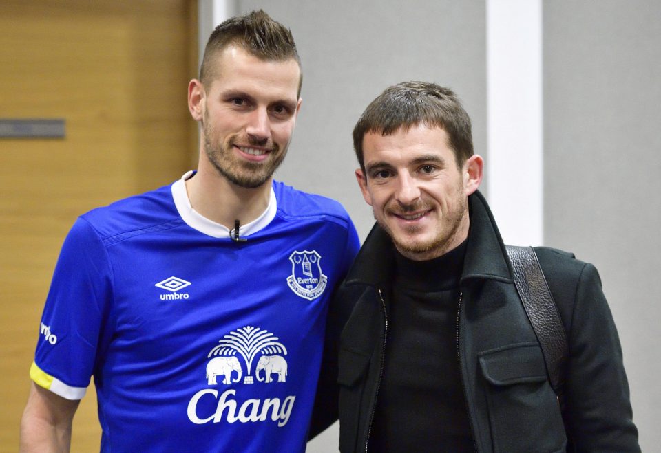  Morgan Schneiderlin is joined by Leighton Baines after signing for Everton