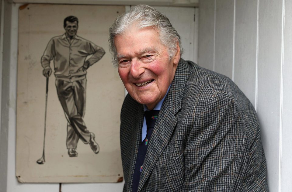 Golfing innovator and ex-Ryder Cup skipper John Jacobs, who has dies aged 91, poses at his home in Lyndhurst next to a charcoal drawing of himself