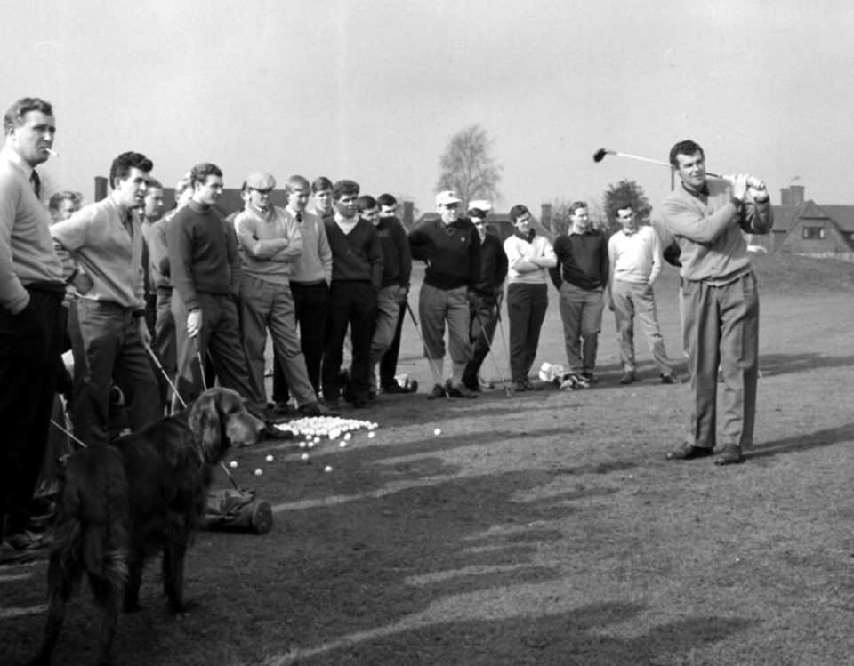 Golf legend John Jacobs demonstrates with a driver during a three-day course for amateurs in 1962