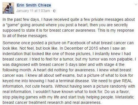  Erin Smith Chieze from San Diego posted the image, in frustration at a "game" asking people to post a heart to raise awareness of the disease