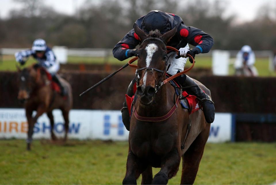  One For Arthur ridden by Derek Fox pulls away from the last fence before going on to win The Betfred Classic Handicap Steeple Chase Race run during Betfred Classic Chase Day at Warwick Racecourse