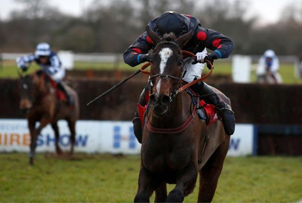 One For Arthur ridden by Derek Fox pulls away from the last fence before going on to win The Betfred Classic Handicap Steeple Chase Race run during Betfred Classic Chase Day at Warwick Racecourse