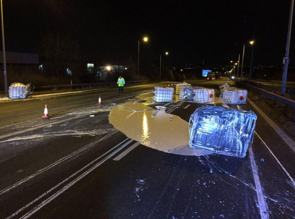  The 12 containers holding 1,000 litres of paint were seen scattered across the M606 in Bradford, West Yorkshire