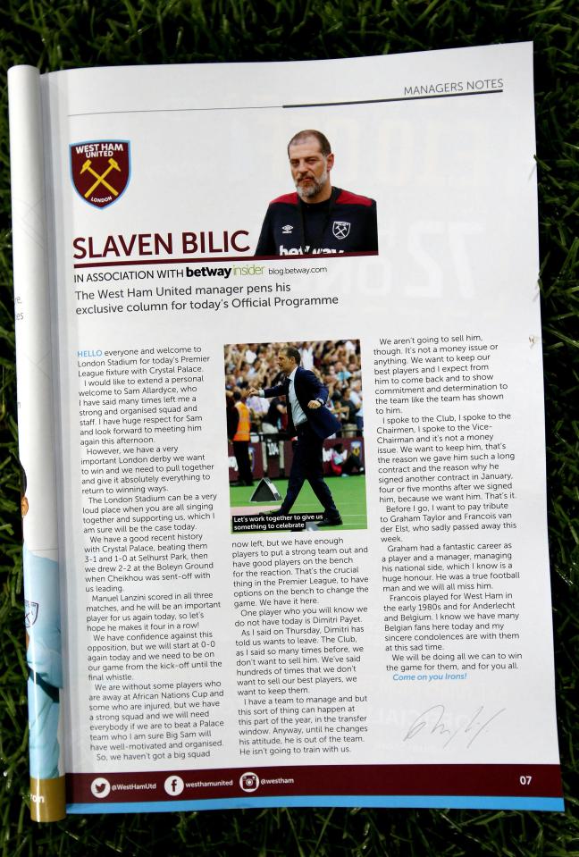  Slaven Bilic's pre-match programme notes called for Unity