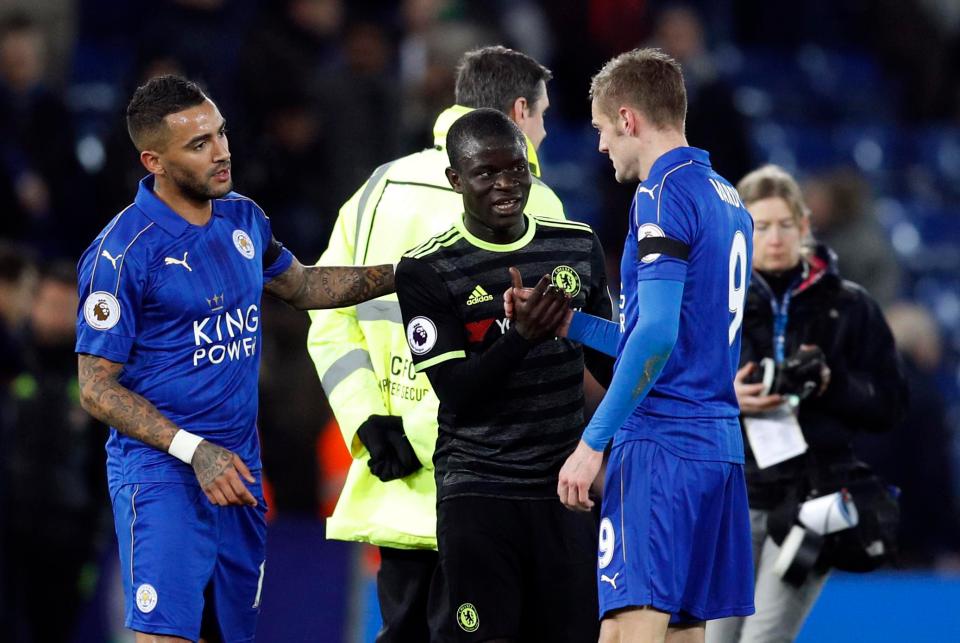  But there were smiles from his old team-mates after the game as Jamie Vardy and Danny Simpson embrace the Chelsea star