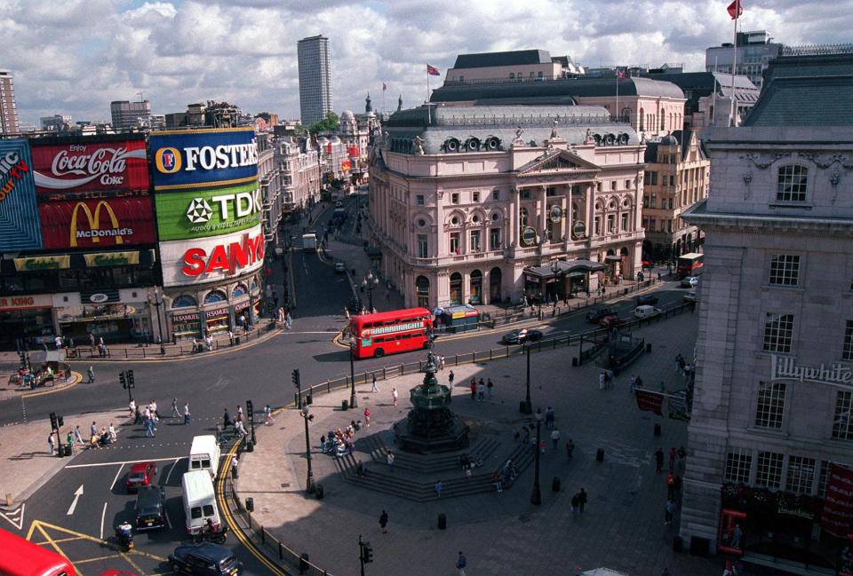  Piccadilly Circus with billboards featuring McDonald's, Fosters and TDK adverts in 1993