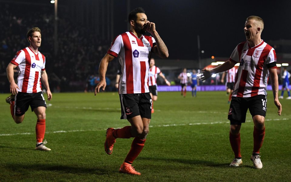  Lincoln striker Nathan Arnold enjoys his moment of fame against Ipswich and now faces another Championship side in leaders Brighton