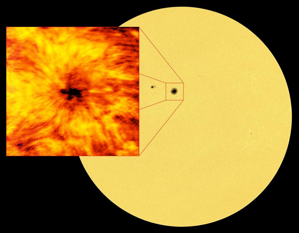  This image of the entire Sun was taken in the red visible light emitted by iron atoms in the Sun’s atmosphere. Light at this wavelength originates from the visible solar surface, the photosphere