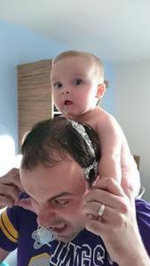  Vicky Williams sent in a snap of her husband Stephen putting their baby son Daniel on his shoulders after he had drunk milk – ending with the tot being sick on his dad’s head