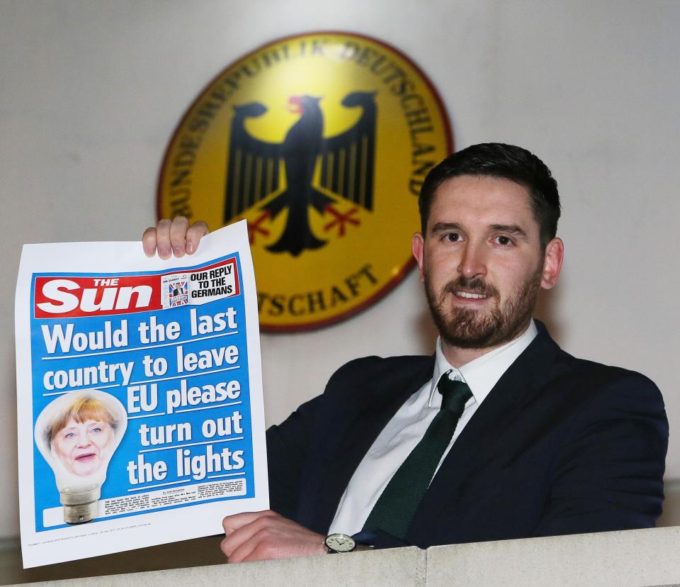  Sun man Patrick Gysin went to the German Embassy in London to deliver our special front page