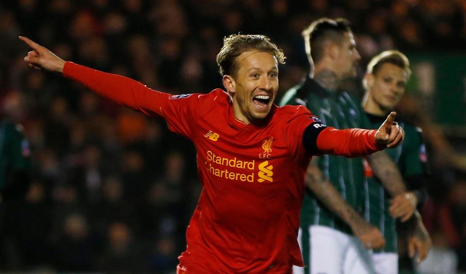  Lucas Leiva celebrates his first Liverpool goal in more than six years