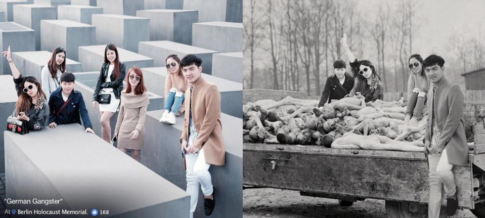  A group of friends pose for an arty snap while visiting the thought-provoking memorial in Berlin